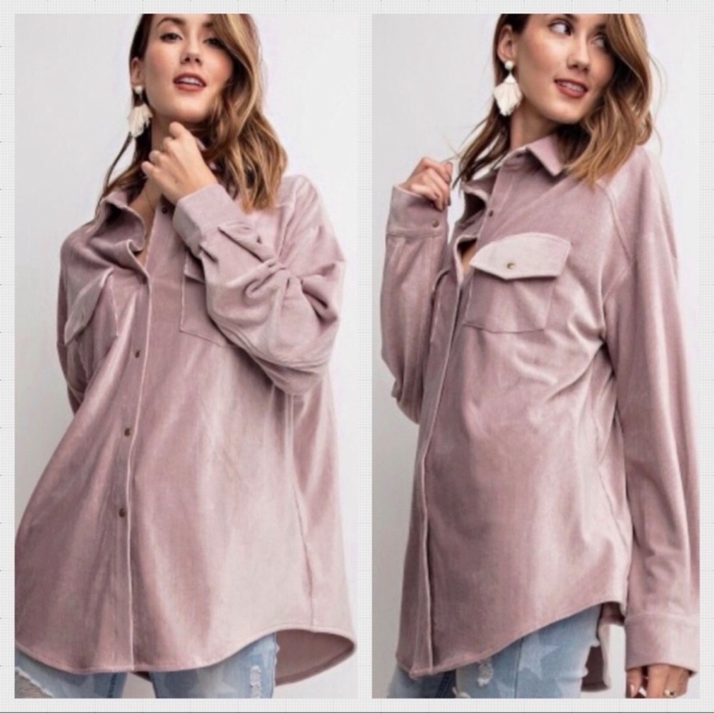 Relaxed Velvet Button-Up Shirt - Dusty Pink